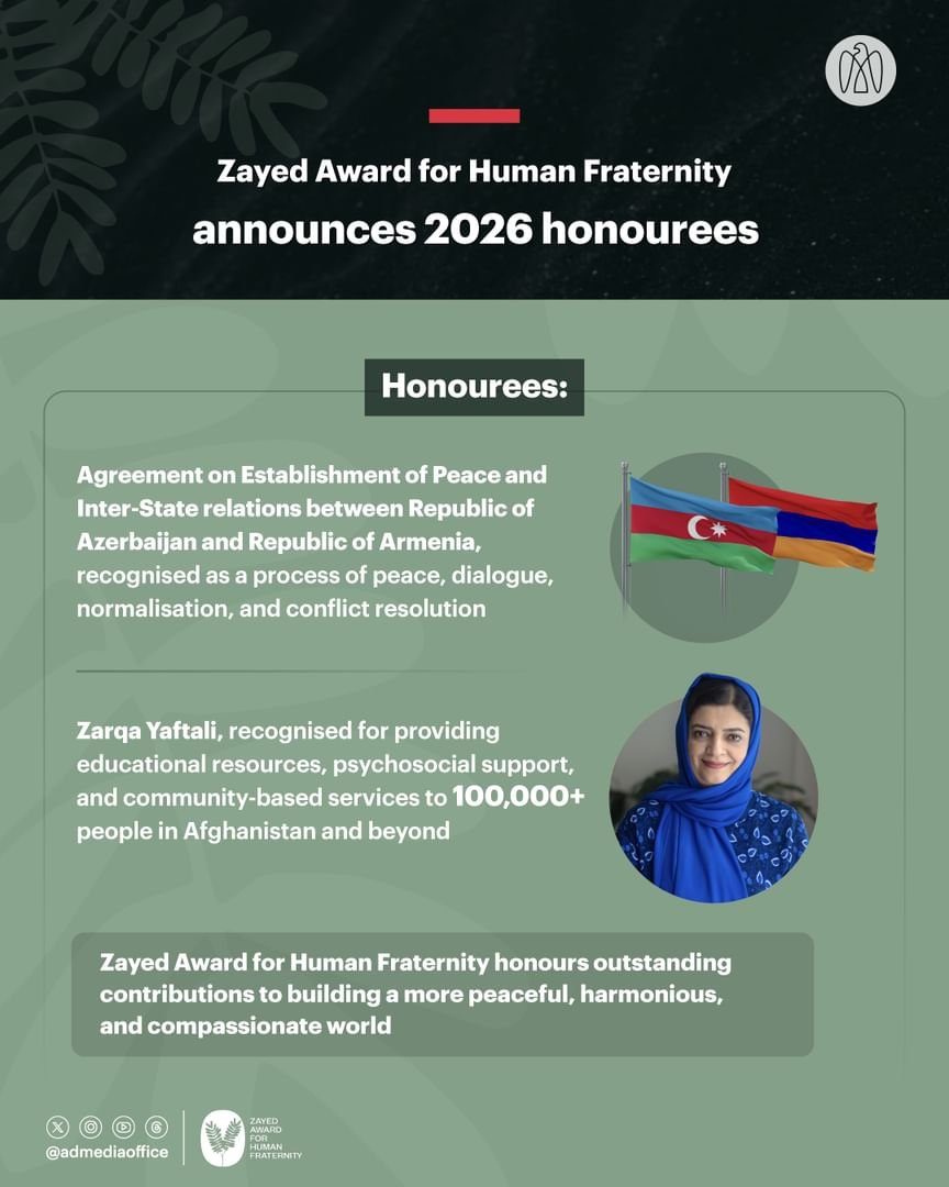 Zayed Award names Armenia–Azerbaijan peace deal, Afghan education advocate as 2026 honourees Zayed Award names Armenia–Azerbaijan peace deal, Afghan education advocate as 2026 honourees